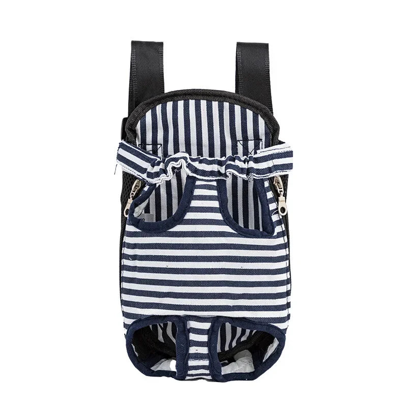 A navy blue and white striped adjustable backpack carrier for cats and dogs.