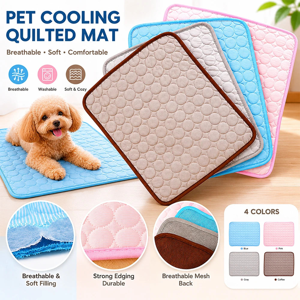 A set of pet cooling quilted mats in various colors, showing breathable soft filling and durable edges.