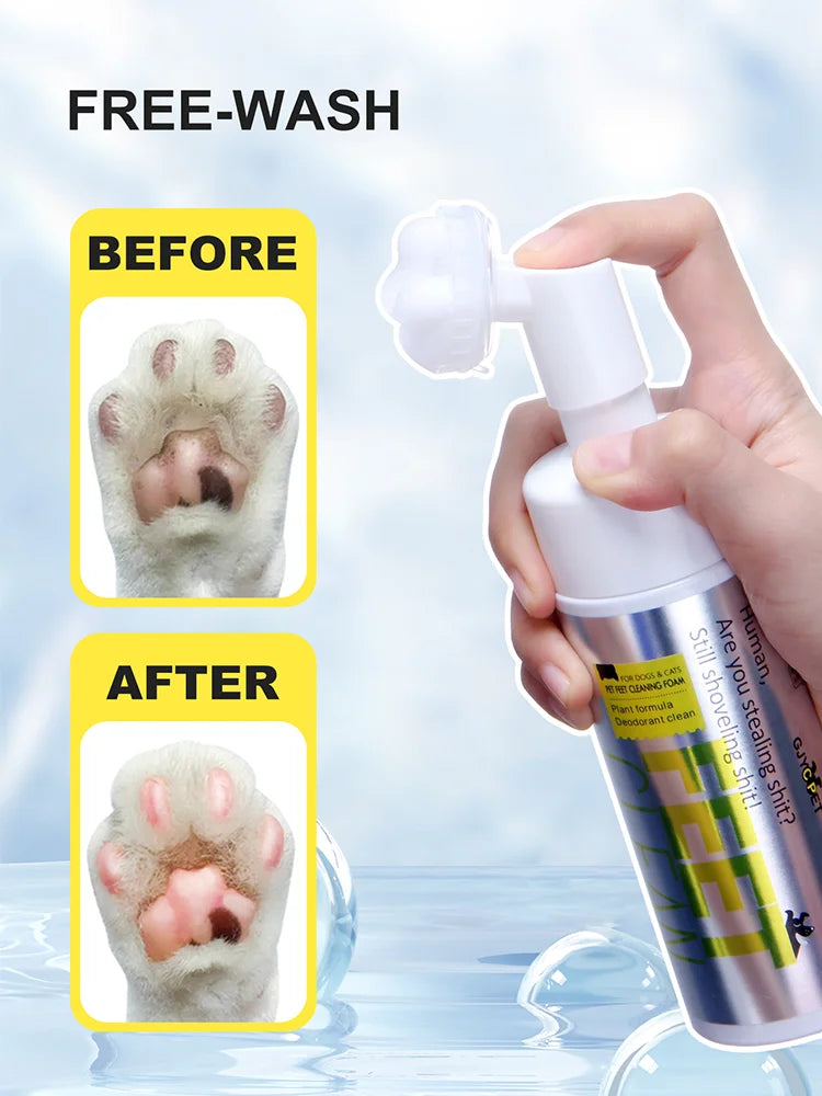 Before and after comparison showing a pet paw cleaned with foam for cats and dogs