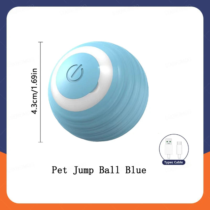 Blue pet jump ball toy with a white top and cable for interactive play