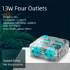 A clear plastic aquarium air pump with four outlets and blue components is shown on a white surface.