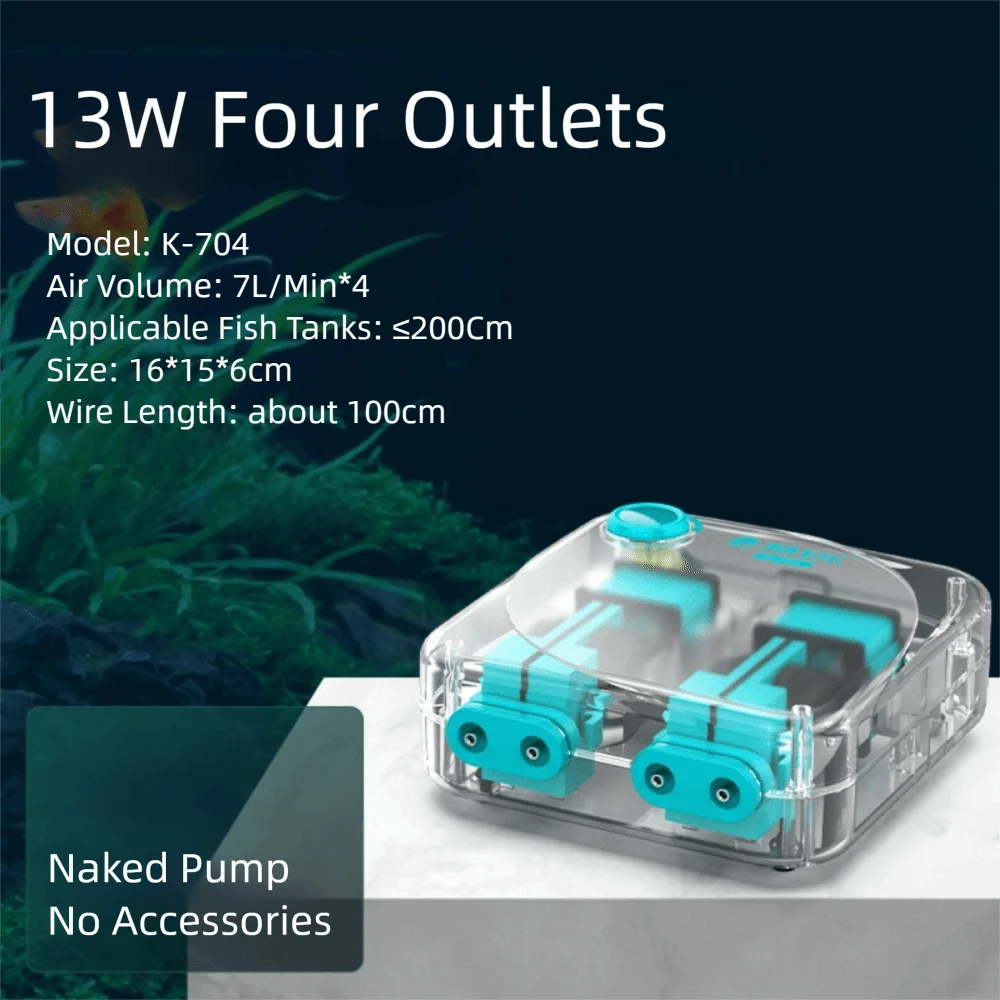 A clear plastic aquarium air pump with four outlets and blue components is shown on a white surface.