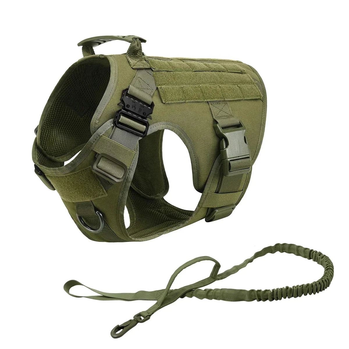 Olive green tactical dog harness with collar and MOLLE pouches shown from the side.