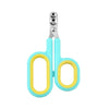 Pair of light blue nail clippers with yellow grips and stainless steel blades