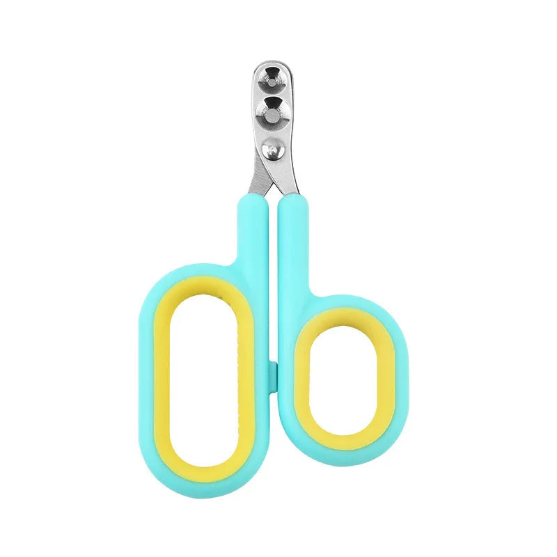 Pair of light blue nail clippers with yellow grips and stainless steel blades