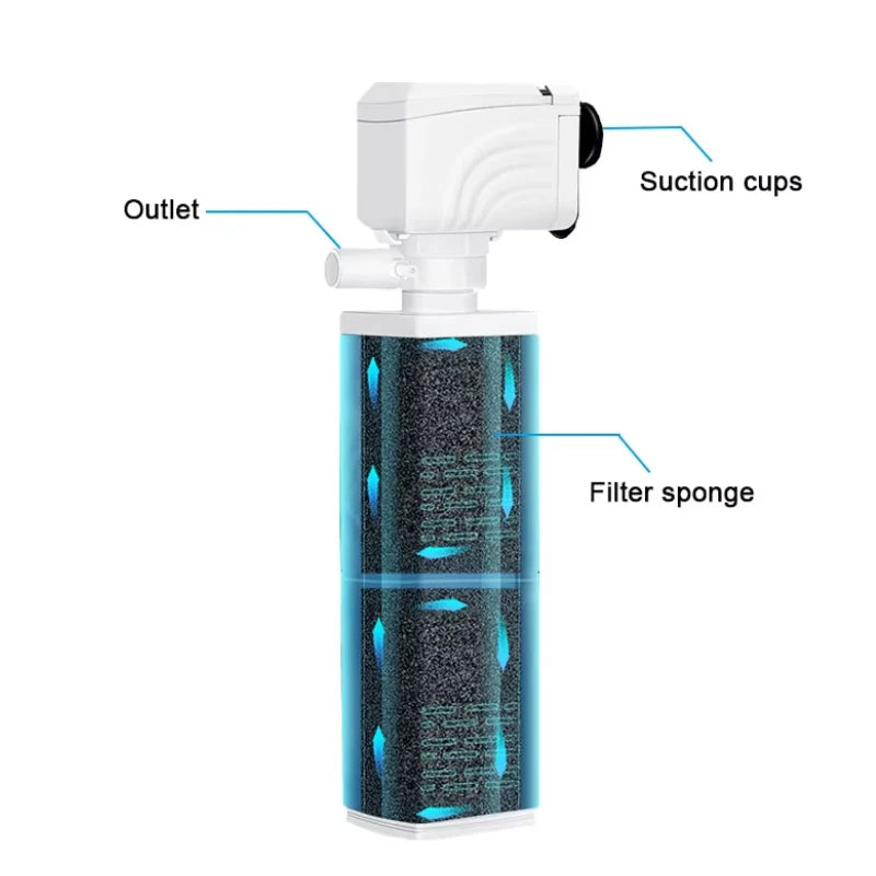 White submersible aquarium filter pump with suction cups and a filter sponge visible.