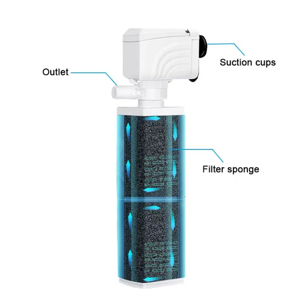 White submersible aquarium filter pump with suction cups and a filter sponge visible.