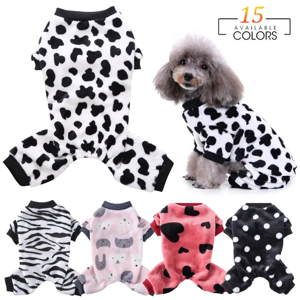 A collection of 15 available leopard print cozy winter overalls for small dogs in various colors and patterns.