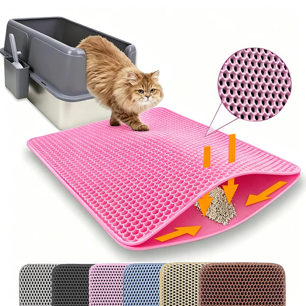 A pink durable pet litter mat with various mesh patterns is shown alongside a cat and a litter box.