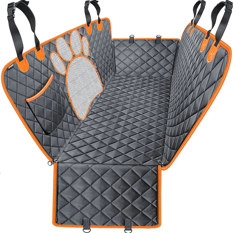 Orange waterproof dog car seat cover with mesh window and side zippers featuring a quilted gray fabric.