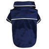 Navy blue luxury silk pet pajamas for a small dog with white trim