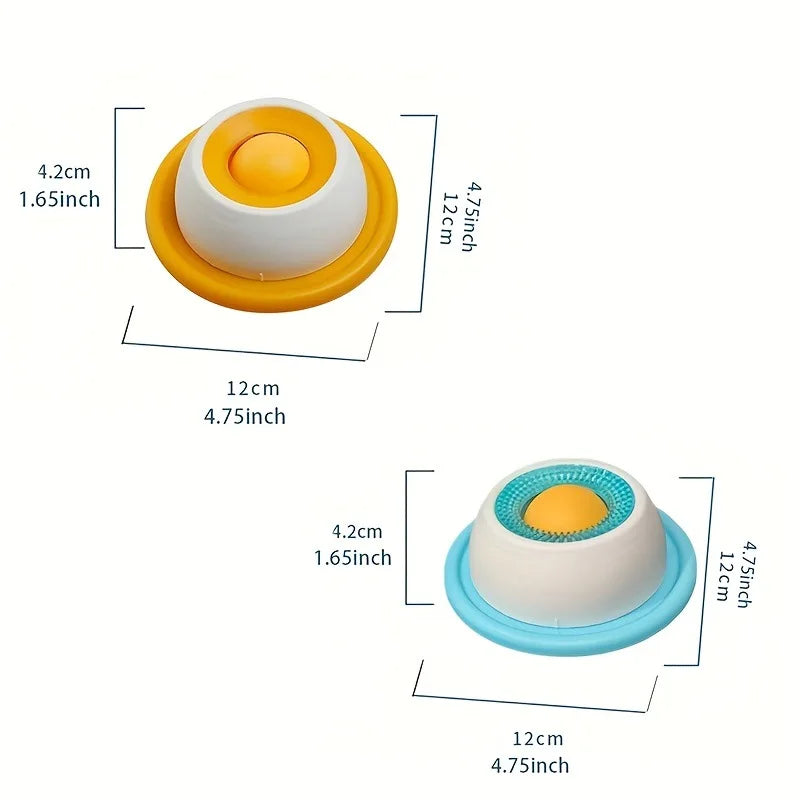Interaktive Lecker-Matte für Haustiere mit weißer Basis und orangefarbener oder blauer Silikon-Oberseite, mit Maßen dargestel