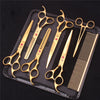 A set of professional stainless steel pet grooming scissors and combs stored in a black case.