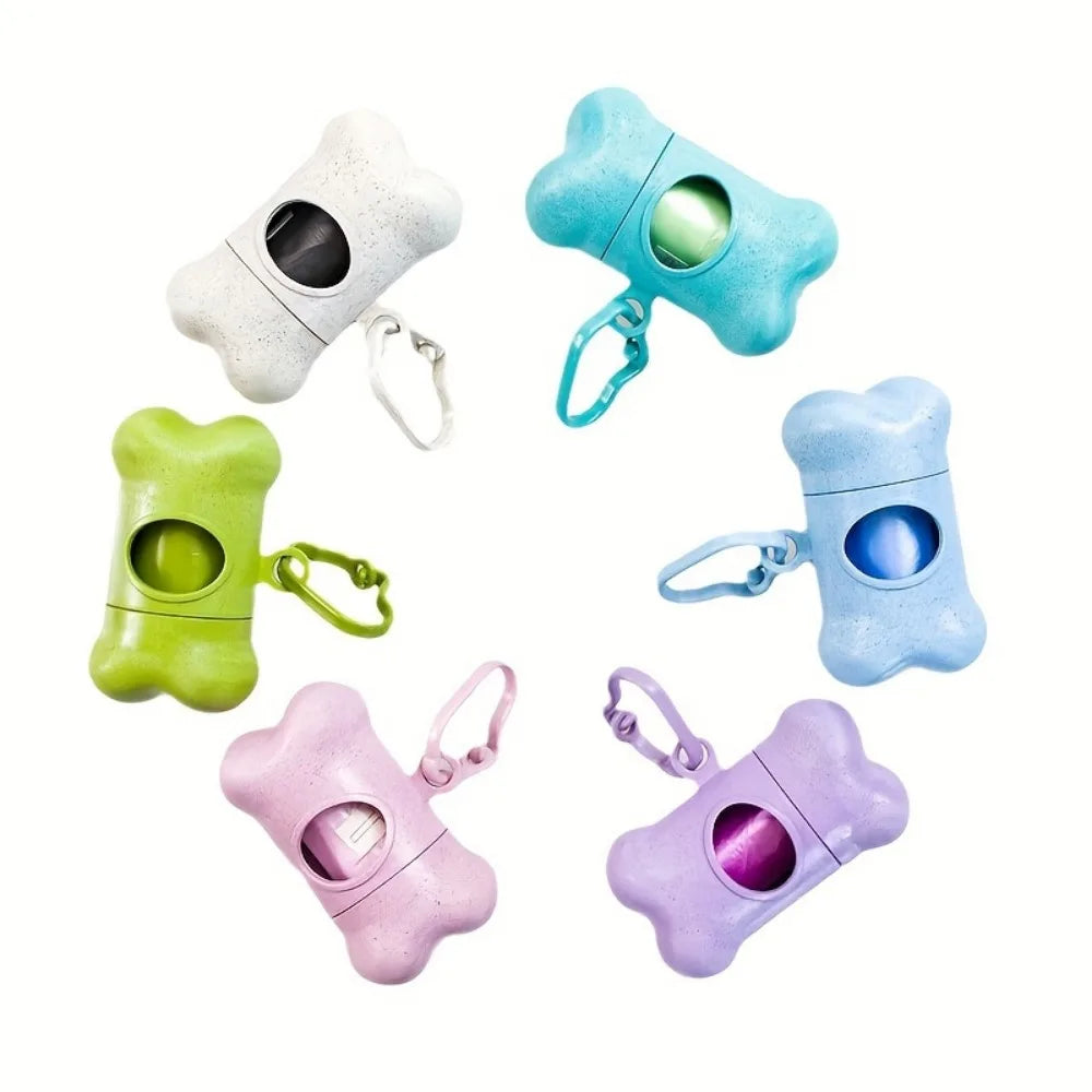 Colección de cinco dispensadores portátiles de bolsas para desechos de mascotas con forma de hueso en colores pastel como bla