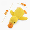 A yellow plush duck toy designed as a grinding chew toy for dogs.