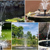 A collection of images showing various solar-powered water fountains spraying water in gardens and pools.