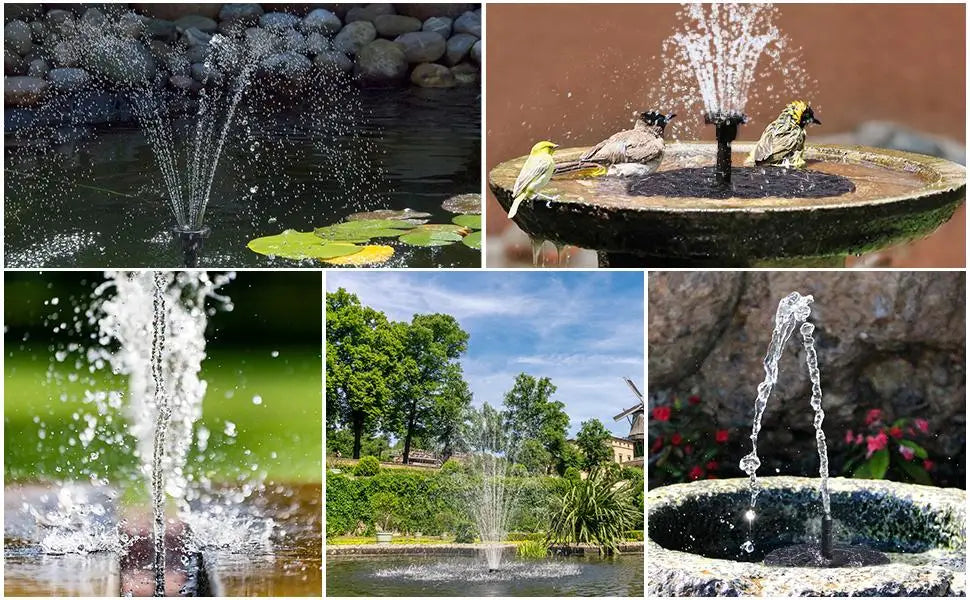 A collection of images showing various solar-powered water fountains spraying water in gardens and pools.
