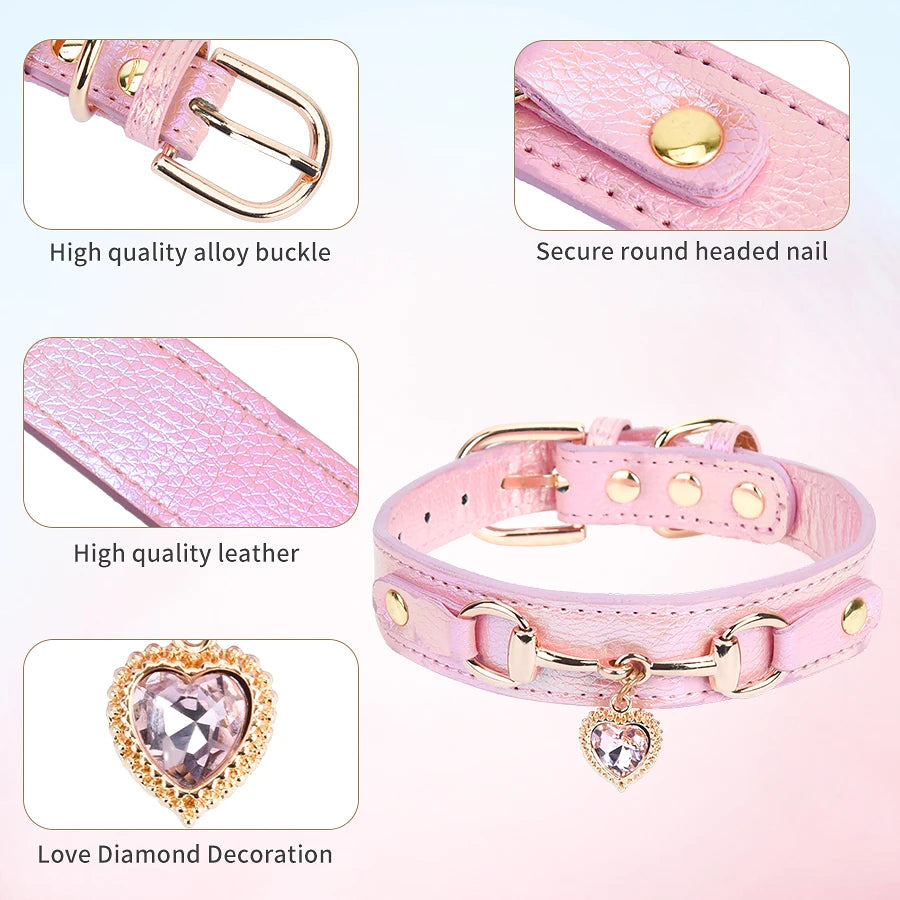 Pink leather dog collar with a round head nail and a diamond heart charm