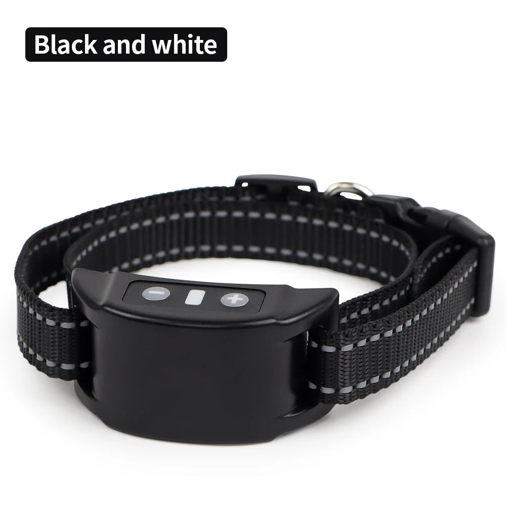 Black and white rechargeable anti-bark training collar for dogs with a strap and control buttons