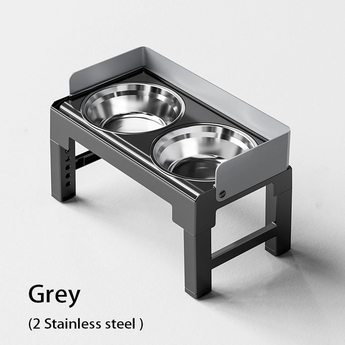 A grey collapsible elevated dog feeder featuring two stainless steel bowls.