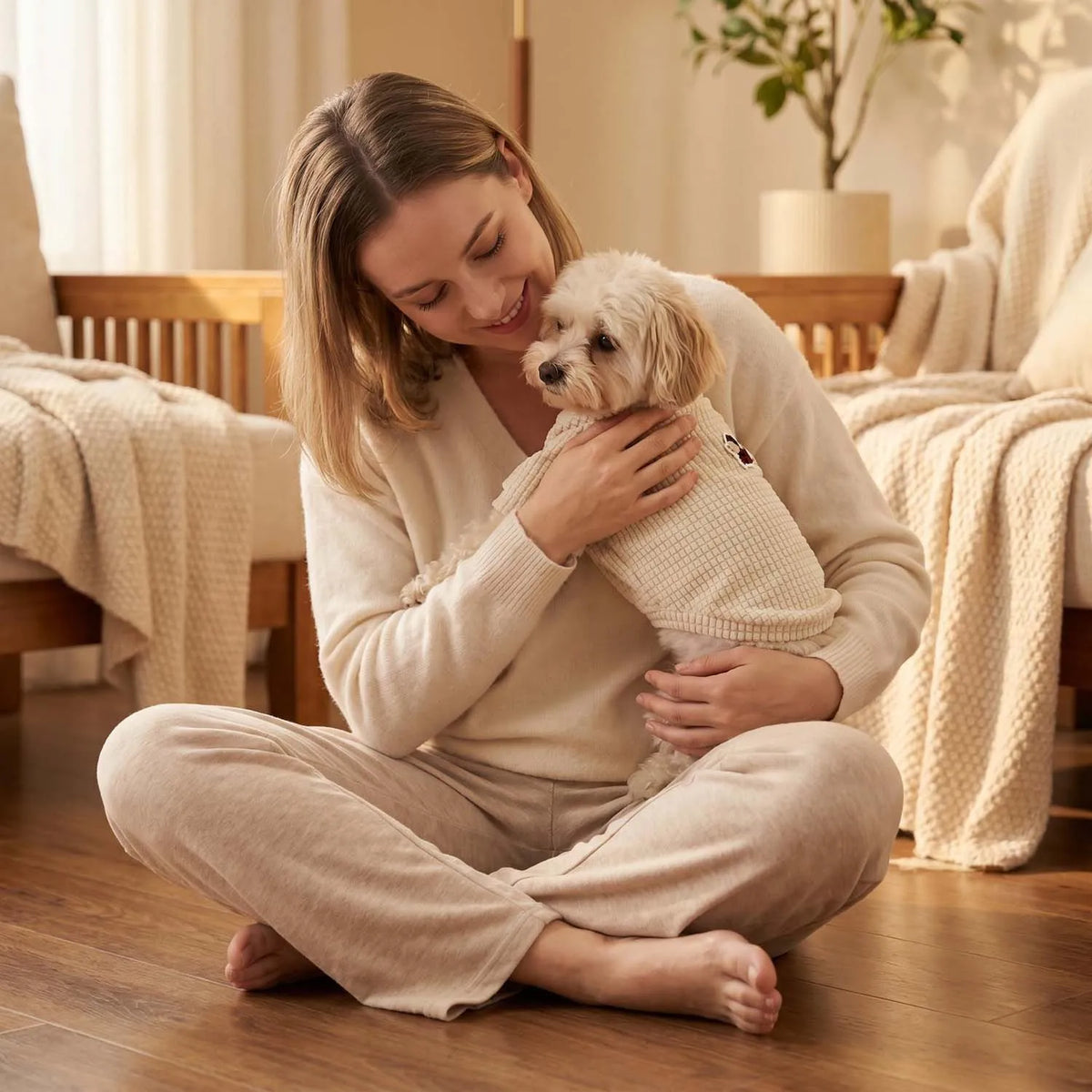 Una mujer está sentada en el suelo sosteniendo suavemente a un perro pequeño y peludo con un suéter de punto waffle.