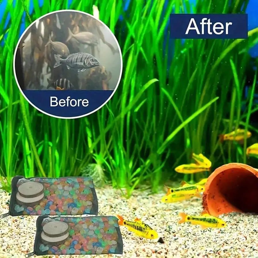 Before and after comparison of reusable mesh filter bags used for aquarium filtration media