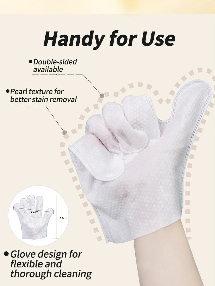 White double-sided pet dry cleaning gloves shown on a hand, highlighting pearl texture for stain removal.