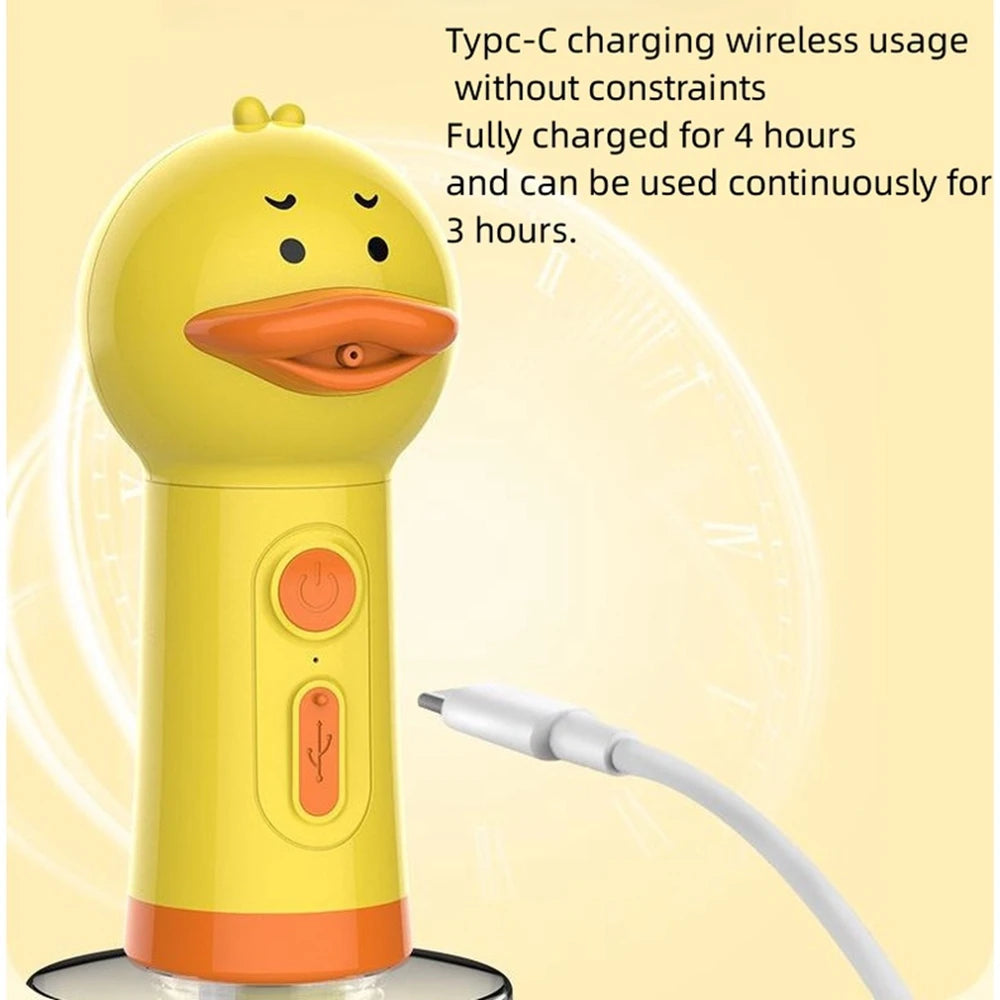 Dispensador automático de espuma para baño de mascota amarillo con boquilla naranja y cable de carga.