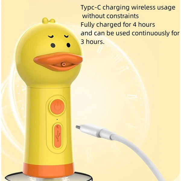 Dispensador automático de espuma para baño de mascota amarillo con boquilla naranja y cable de carga.
