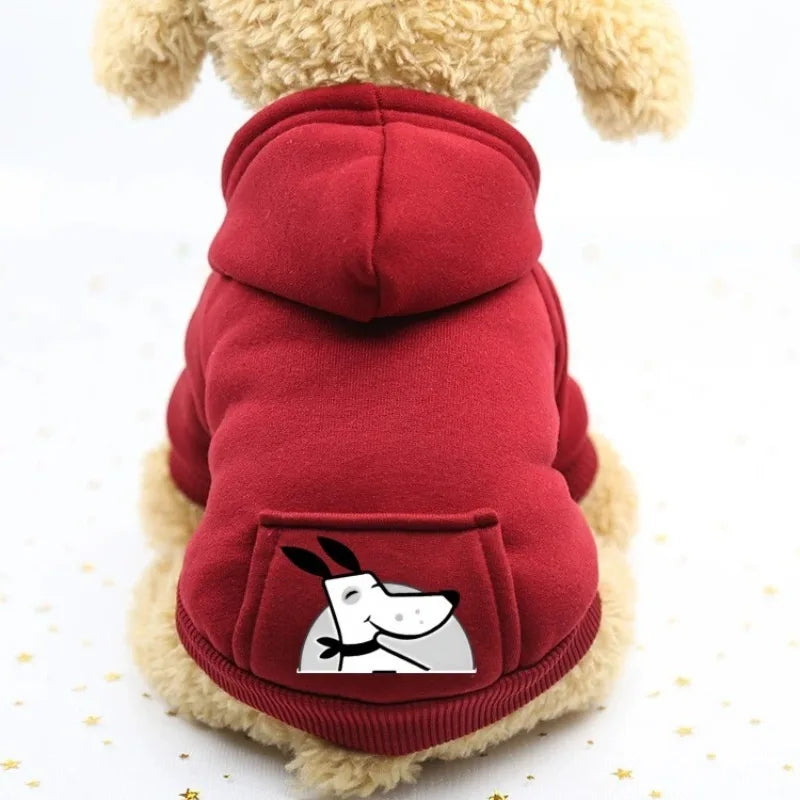 A red cozy fleece dog sweatshirt with a hood and patch pocket worn by a fluffy dog.