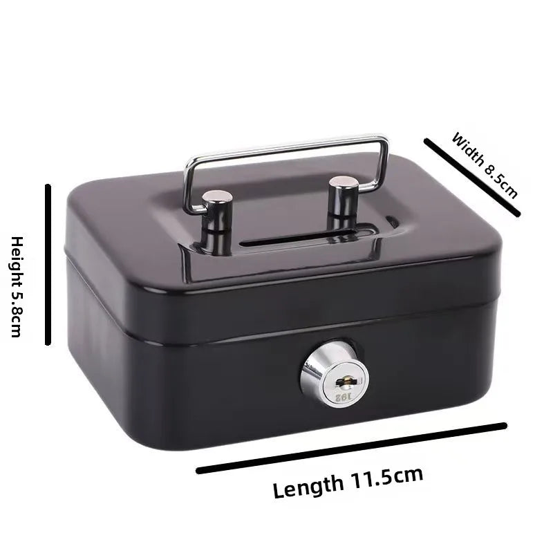 A black portable metal cash box with a handle, lock, and keys shown from above.
