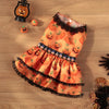 An orange pumpkin lace dress for a small dog, featuring a tiered skirt and black trim.