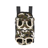 A camouflage patterned backpack carrier designed for transporting cats and dogs.