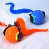 An automatic rotating LED pet toy featuring blue and orange textured silicone shapes.