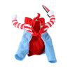 A funny pet Halloween costume for a dog featuring red and white striped arms and a red body with blue fabric.