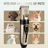 A cordless pet hair clipper shown with various pets including a dog, rabbit, cat, and lamb.