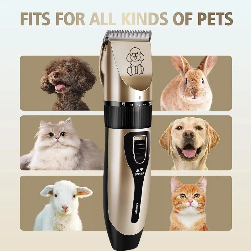 A cordless pet hair clipper shown with various pets including a dog, rabbit, cat, and lamb.