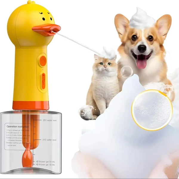 A yellow duck-shaped electric foam dispenser is shown next to a dog and a cat using the foam for bathing.