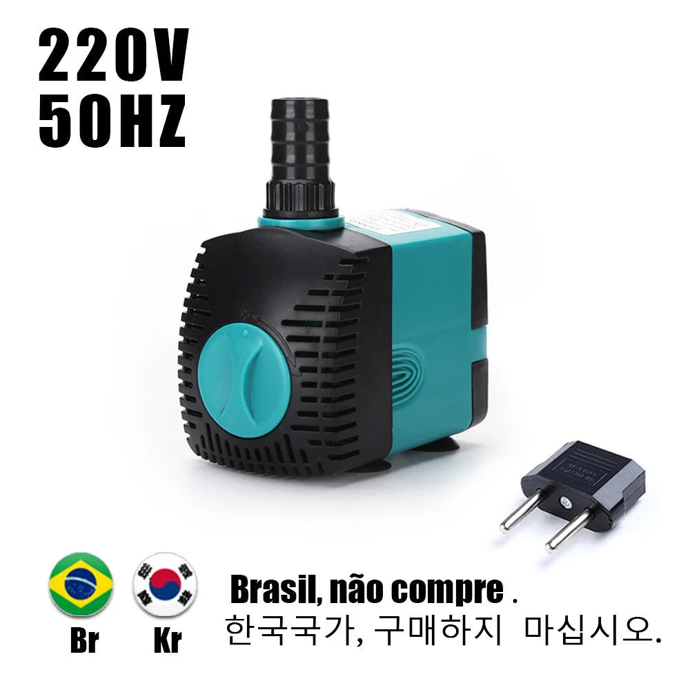 A black and teal submersible water pump with a power cord is shown next to its plug.