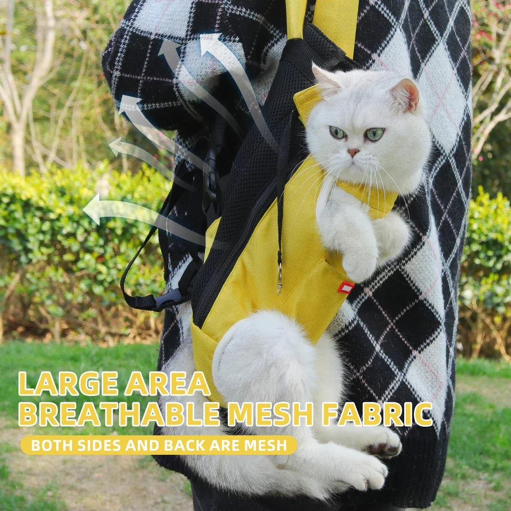 A white cat is visible inside a yellow mesh fabric pet carrier being carried by a person.