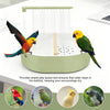 Fontaine à oiseaux verte automatique avec base perforée et eau qui coule, entourée d'oiseaux colorés.