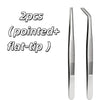 A set of two precision stainless steel tweezers, one pointed and one flat-tipped.
