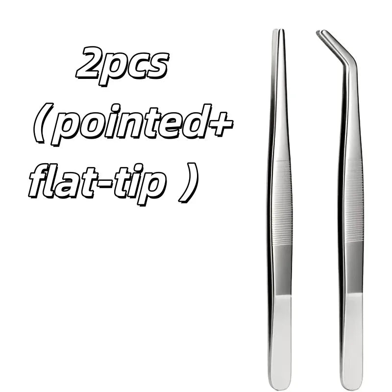 A set of two precision stainless steel tweezers, one pointed and one flat-tipped.
