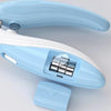 A light blue LED pet nail clipper tool is shown in a close-up view.