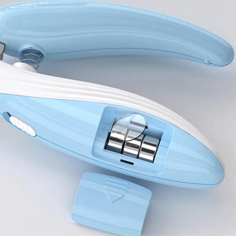 A light blue LED pet nail clipper tool is shown in a close-up view.