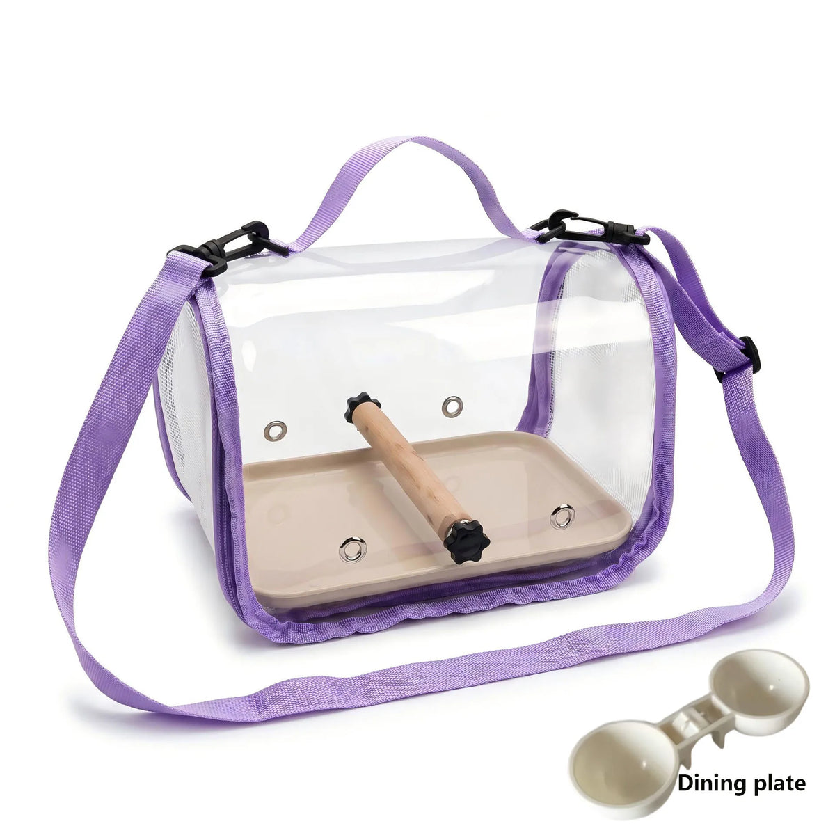 A clear plastic portable bird travel carrier with a light beige tray and purple strap.