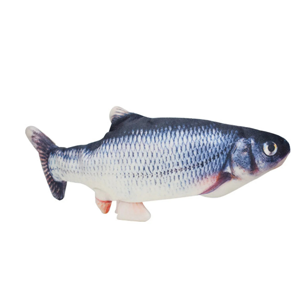 A small, dark blue and silver electric floppy fish cat toy.