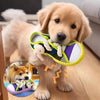 A golden retriever puppy is holding a squeaky dog chew toy with a rope, demonstrating the toy's use.