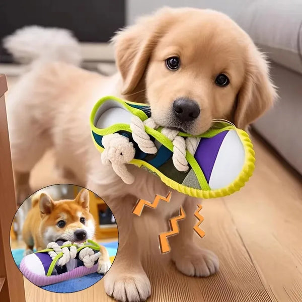 A golden retriever puppy is holding a squeaky dog chew toy with a rope, demonstrating the toy's use.