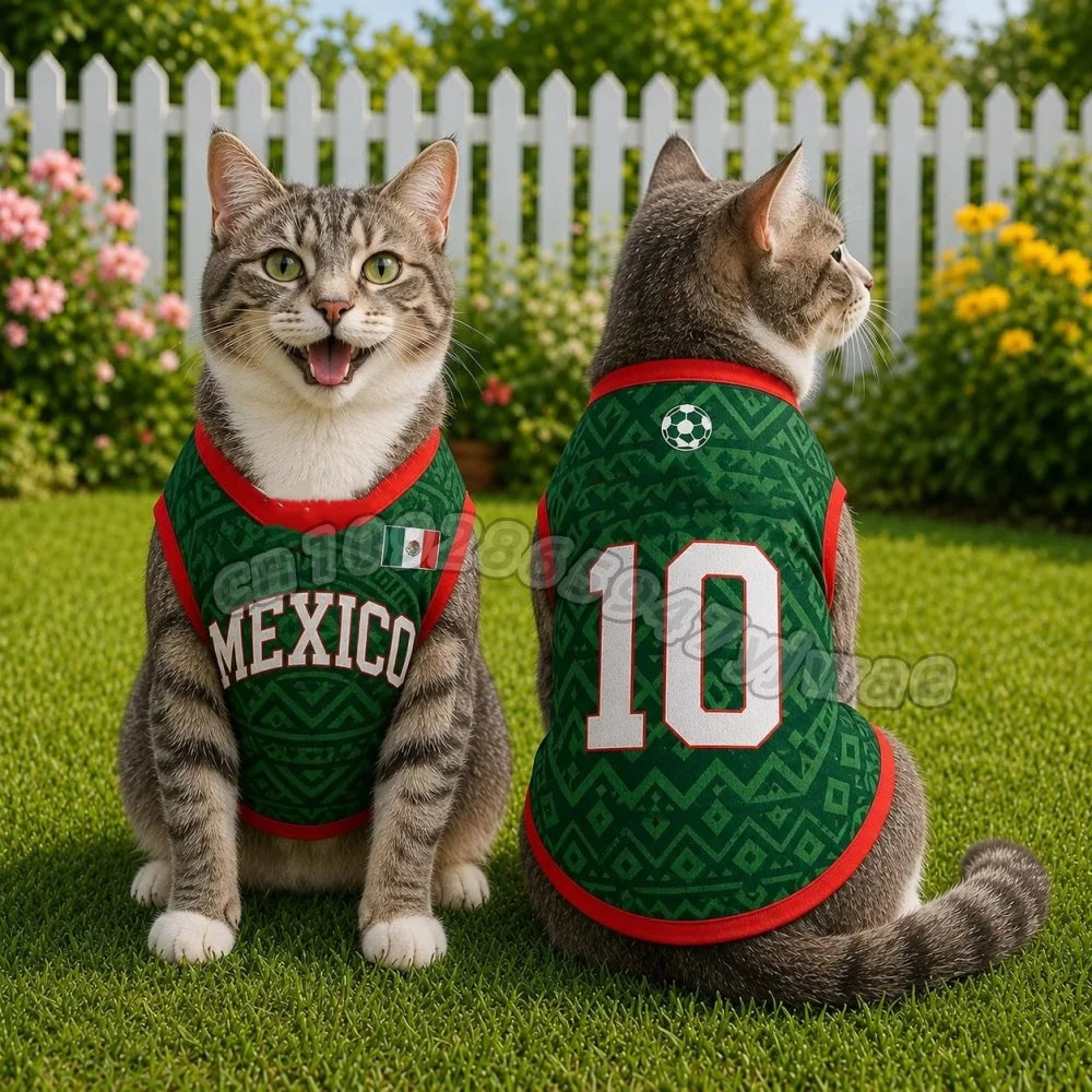 A tabby cat wearing a green and white soccer jersey with the number 10 sits on green grass.